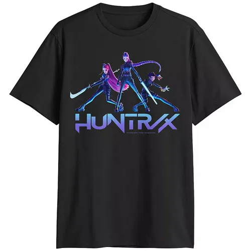 Black T-shirt featuring three stylized animated characters with the word \“HUNTRX\“ in bold letters below them.