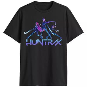 Black T-shirt featuring three stylized animated characters with the word \“HUNTRX\“ in bold letters below them.