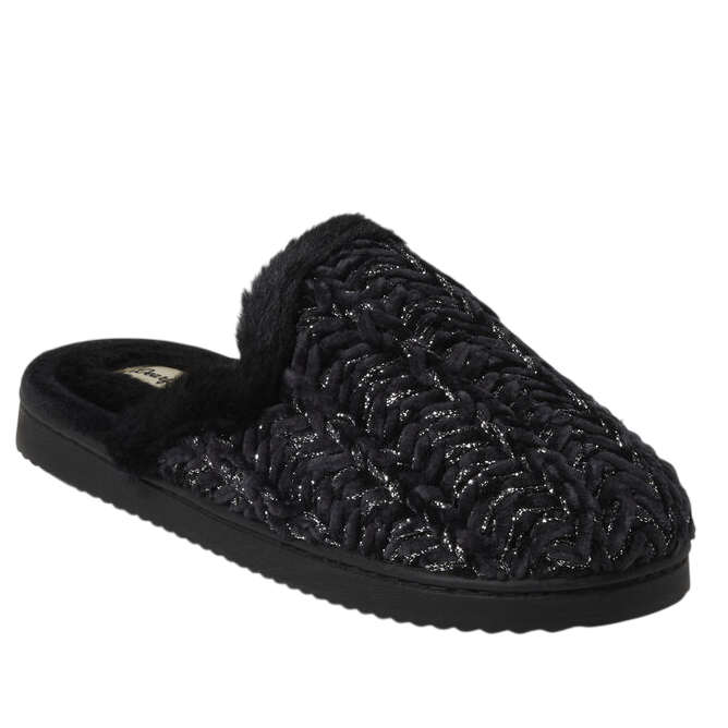 Black slip-on slipper with a textured knit design and a plush, furry lining.