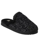 Black slip-on slipper with a textured knit design and a plush, furry lining.