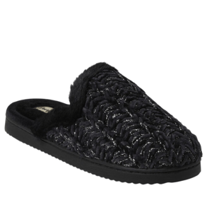 Black slip-on slipper with a textured knit design and a plush, furry lining.