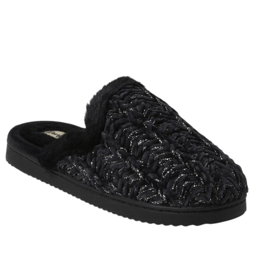 Black slip-on slipper with a textured knit design and a plush, furry lining.