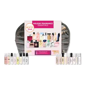 Ulta Beauty Holiday Fragrance Essentials includes a 17-piece sampler kit with a variety of perfume samples and a $15 gift card, packaged in a metallic quilted bag.