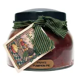 A decorative jar labeled \“Papa's Pumpkin Pie\“ with a green plaid cloth tied around the lid and a Thanksgiving-themed tag featuring a basket of food.