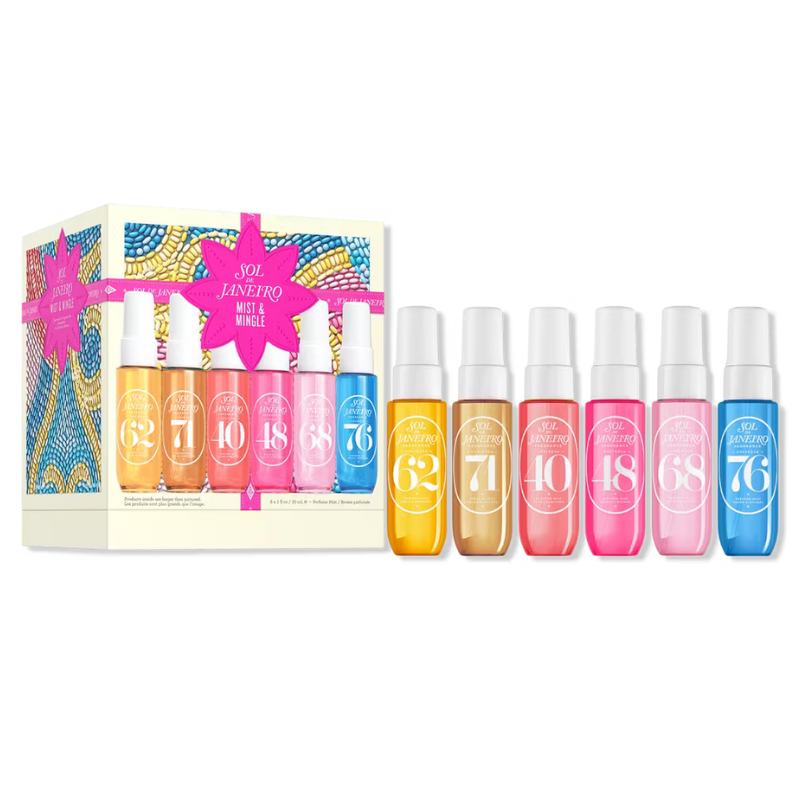 Sol de Janeiro Mist & Mingle gift set includes eight fragrance mists, each featuring a different scent and vibrant packaging.