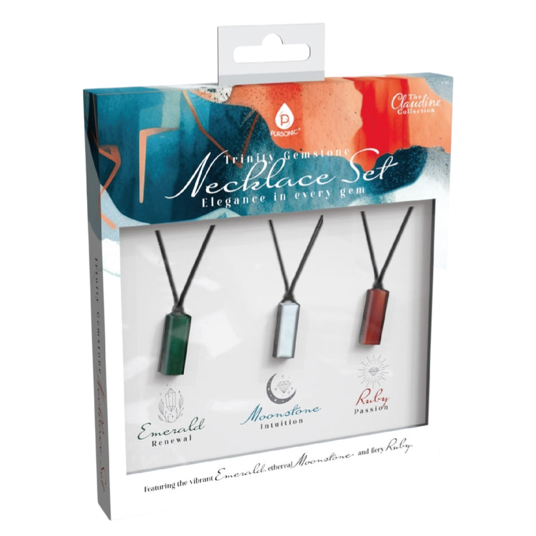 Trinity Gemstone Necklace Set featuring Emerald for renewal, Moonstone for intuition, and Ruby for passion, each pendant on a black cord.