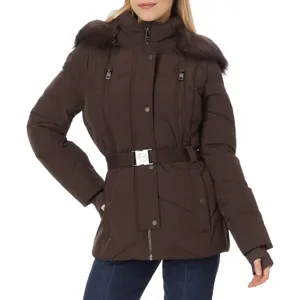 Woman wearing a brown belted puffer jacket with a fur-trimmed hood and front pockets.