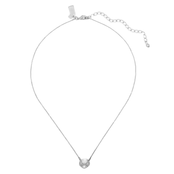 A delicate necklace featuring a thin chain with an adjustable clasp, adorned with a small, round pendant set with a clear, sparkling stone.
