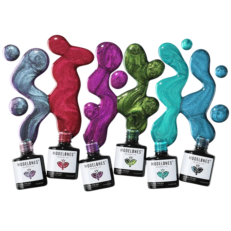 Five bottles of Modelones gel nail polish are displayed with vibrant, shimmering colors overflowing from each: silver, red, purple, green, and blue.