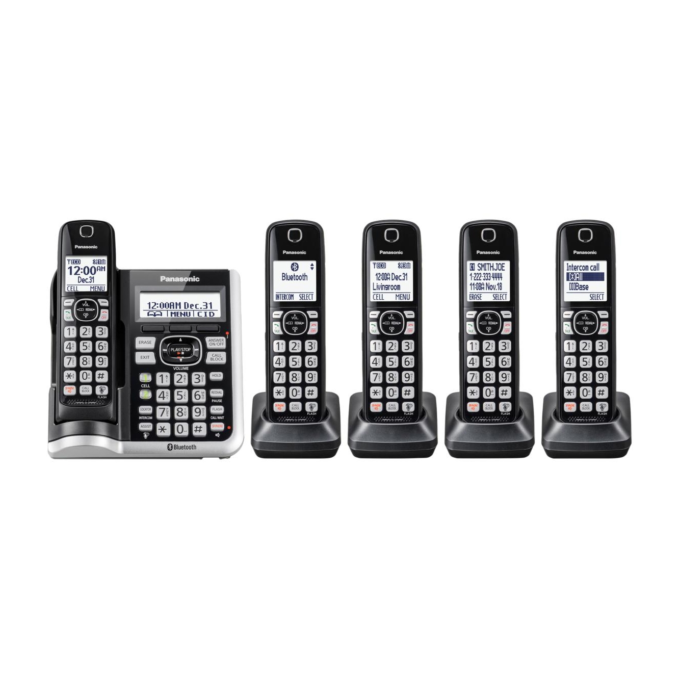 Panasonic Link-to-Cell includes a main base unit with a digital keypad and answering machine, plus four additional cordless handsets with charging bases. Features Bluetooth connectivity for linking mobile phones to the system.