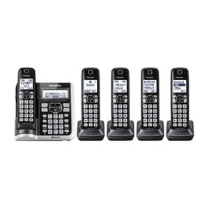 Panasonic Link-to-Cell includes a main base unit with a digital keypad and answering machine, plus four additional cordless handsets with charging bases. Features Bluetooth connectivity for linking mobile phones to the system.