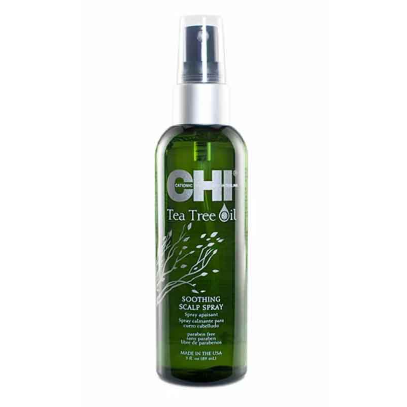 CHI Tea Tree Soothing Scalp Spray is an 89 ml calming hair spray that contains tea tree oil. It's formulated to soothe the scalp and is paraben-free.