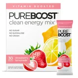 PureBoost Clean Energy Mix features a strawberry lemonade flavor with 30 packets. It's labeled as vitamin-boosted, sugar-free, sucralose-free, and claims to prevent energy crashes.