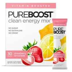 PureBoost Clean Energy Mix features a strawberry lemonade flavor with 30 packets. It's labeled as vitamin-boosted, sugar-free, sucralose-free, and claims to prevent energy crashes.