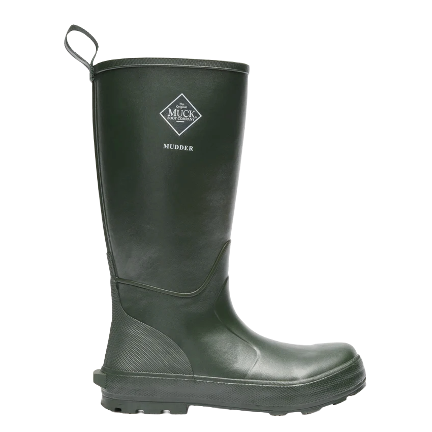 A green rubber boot from The Muck Boot Company, featuring the name \“Mudder\“ on the side.