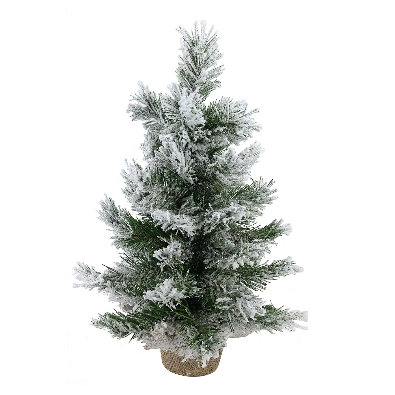 Northlight 18\“ Flocked Tree in Burlap features a compact, artificial pine tree with branches dusted in white flocking to mimic snow, set in a rustic burlap base.