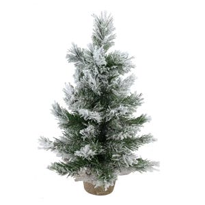 Northlight 18\“ Flocked Tree in Burlap features a compact, artificial pine tree with branches dusted in white flocking to mimic snow, set in a rustic burlap base.