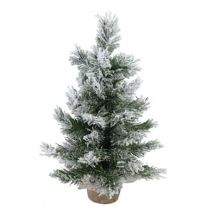 Northlight 18\“ Flocked Tree in Burlap features a compact, artificial pine tree with branches dusted in white flocking to mimic snow, set in a rustic burlap base.