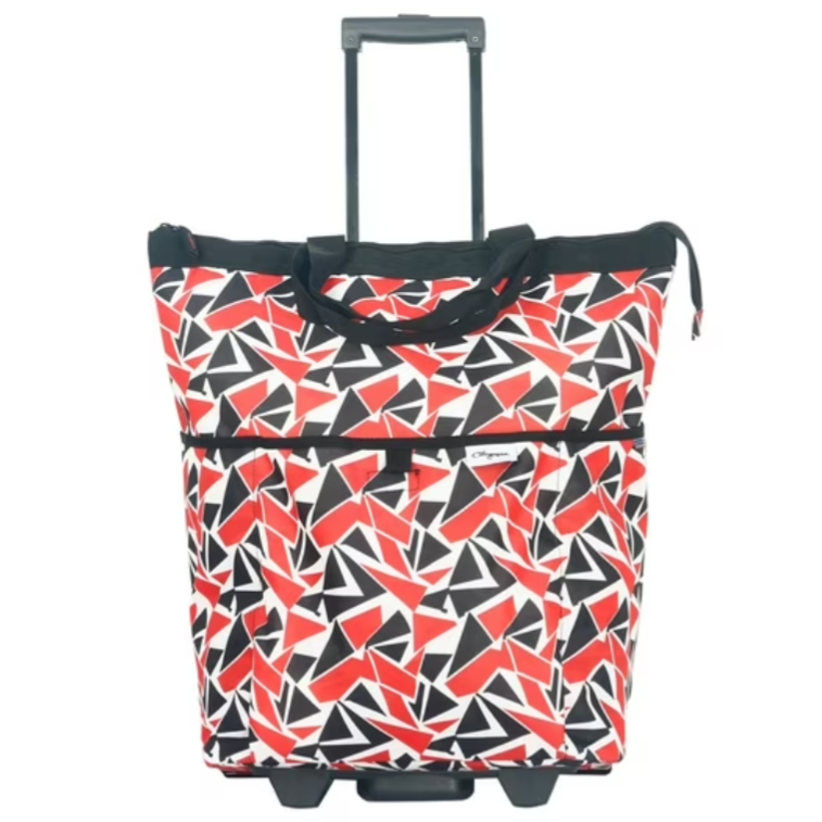 A rolling tote bag featuring a red, black, and white geometric pattern, equipped with a telescopic handle and wheels for easy transportation.