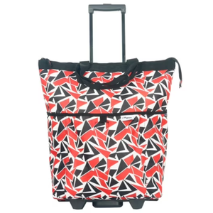 A rolling tote bag featuring a red, black, and white geometric pattern, equipped with a telescopic handle and wheels for easy transportation.