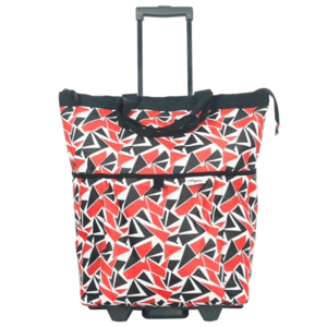A rolling tote bag featuring a red, black, and white geometric pattern, equipped with a telescopic handle and wheels for easy transportation.