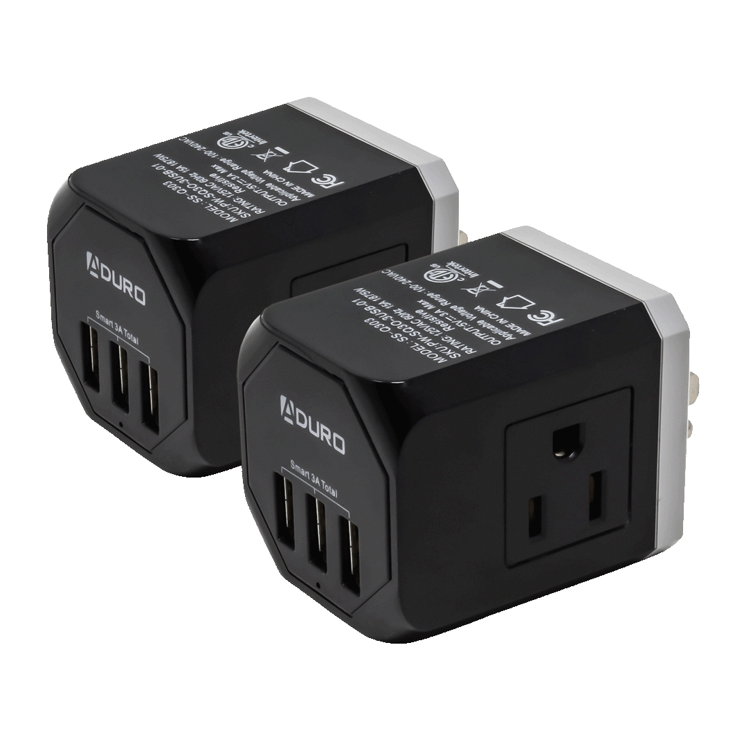 Two Aduro power adapters with three USB ports and one standard AC outlet each, featuring a total output of 3A.