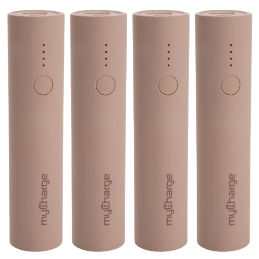 Four cylindrical portable power banks, branded \“myCharge,\“ with a light brown color and LED indicator lights.
