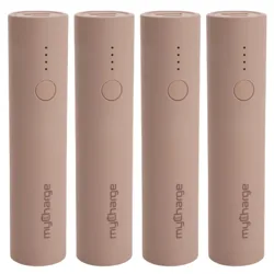 Four cylindrical portable power banks, branded \“myCharge,\“ with a light brown color and LED indicator lights.