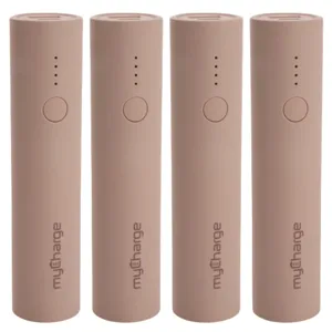 Four cylindrical portable power banks, branded \“myCharge,\“ with a light brown color and LED indicator lights.