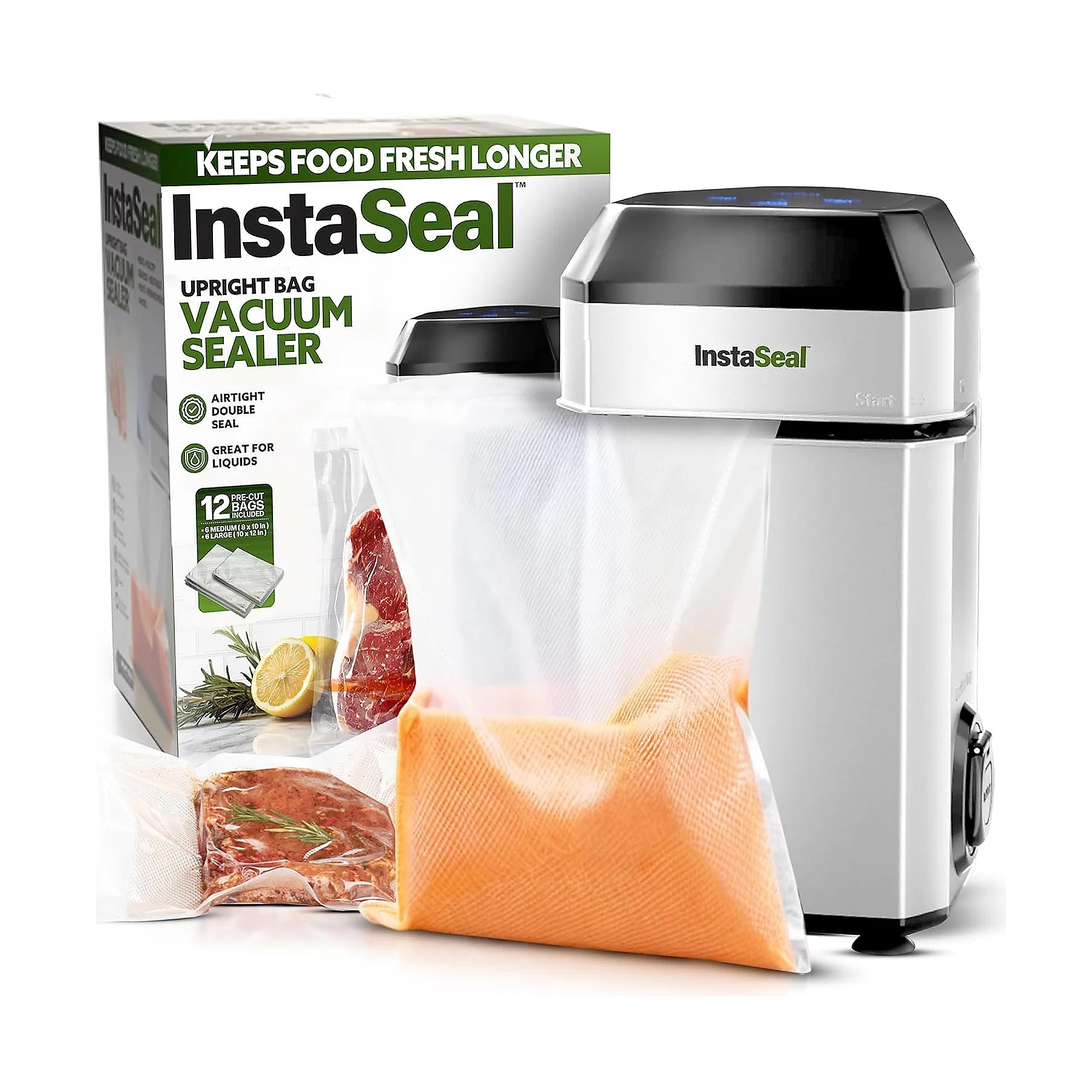 InstaSeal Upright Bag Vacuum Sealer comes with an airtight double seal, designed for preserving food freshness and suitable for liquids. Includes 12 reuse bags, ideal for storage needs.