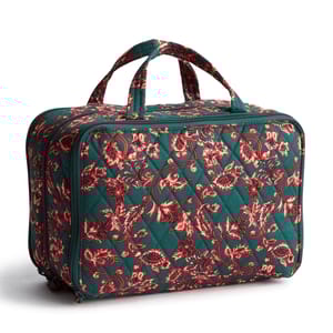 Vera Bradley's Ultimate Travel Case is a quilted, rectangular bag with dual handles, featuring a vibrant floral pattern in red and green hues. It's designed for organized travel, offering multiple compartments for toiletries or cosmetics.
