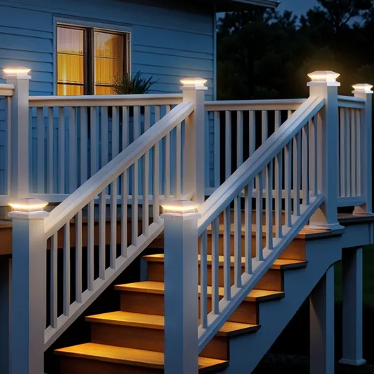 Outdoor staircase with white railings features illuminated post cap lights, providing a warm ambiance at night.