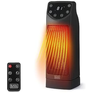 Black+Decker ceramic tower space heater with digital display and remote control, featuring oscillation and adjustable thermostat.