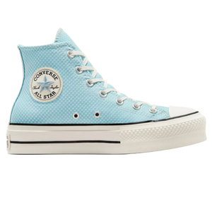 Light blue Converse Chuck Taylor All Star Lift high-top sneakers featuring a white checkered pattern, white rubber sole, black stripe details, metal eyelets, and the iconic logo patch on the side.