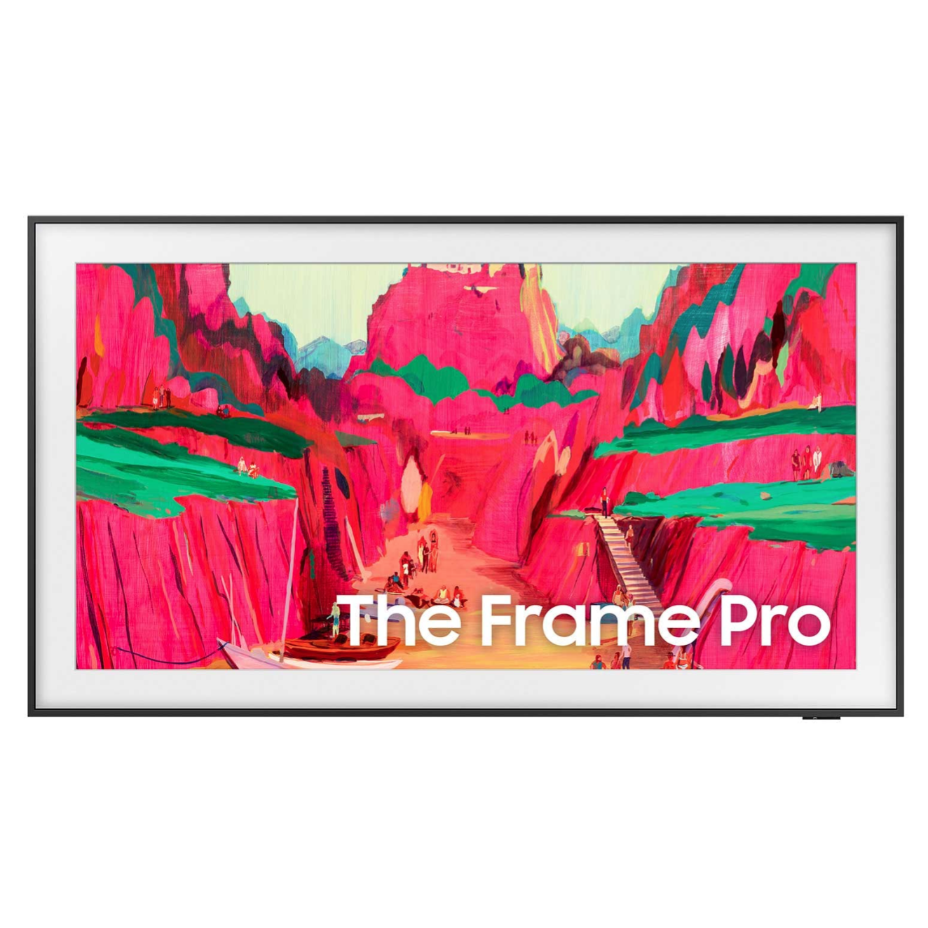 A digital display featuring colorful abstract art surrounded by a black frame with the text \“The Frame Pro\“ at the bottom.
