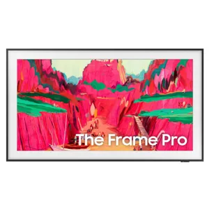 A digital display featuring colorful abstract art surrounded by a black frame with the text \“The Frame Pro\“ at the bottom.