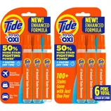 Tide To Go + Oxi Enhanced Formula stain removers, offering 50% more stain-fighting power and faster dry time, come in packs containing 6 pens total (2 packs of 3 pens). Designed for travel and everyday use.