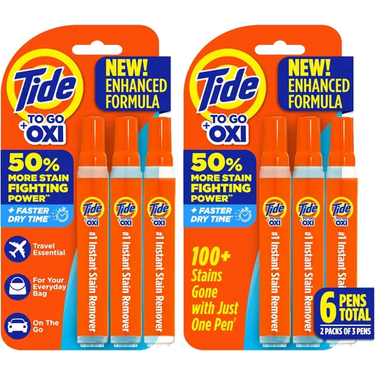 Tide To Go + Oxi Enhanced Formula stain removers, offering 50% more stain-fighting power and faster dry time, come in packs containing 6 pens total (2 packs of 3 pens). Designed for travel and everyday use.