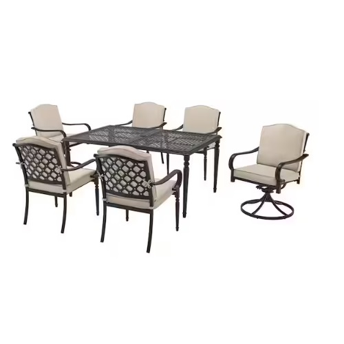 Outdoor dining set with a rectangular metal table and six cushioned chairs, including one swivel chair.