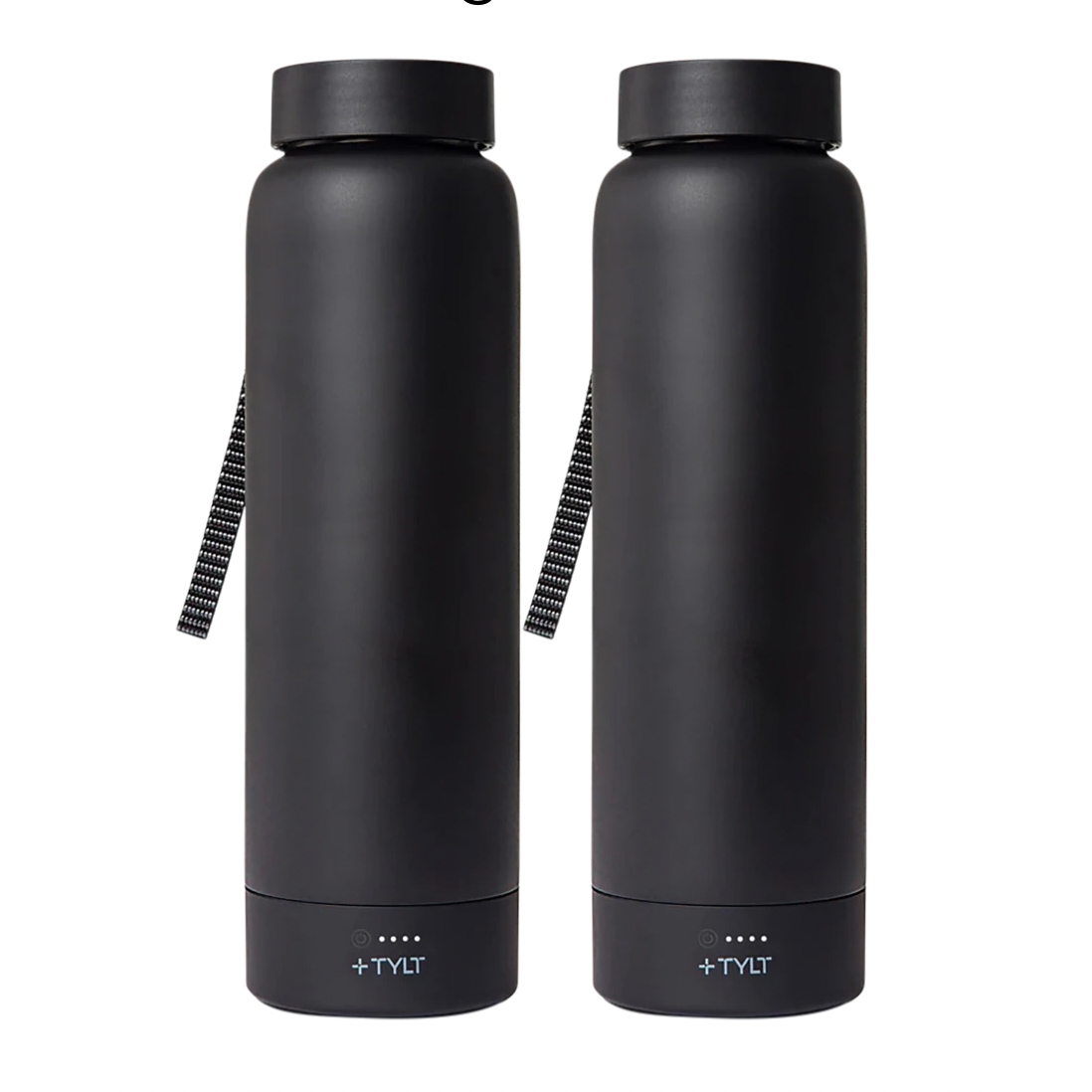 Two matte black 24oz bottles with built-in chargers at the base, featuring a carrying strap and LED charging indicators.