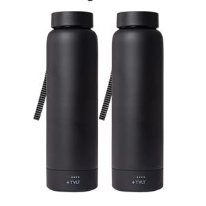 Two matte black 24oz bottles with built-in chargers at the base, featuring a carrying strap and LED charging indicators.