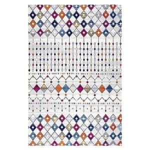 A colorful area rug with a geometric diamond pattern in shades of orange, blue, purple, and gold on a white background.