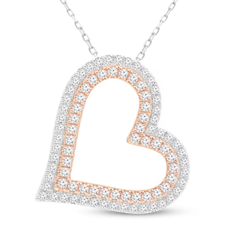 A tilted heart necklace featuring a two-row design with 1 carat of diamonds. It showcases alternating bands of white and rose gold, enhancing its shimmering, elegant appearance.