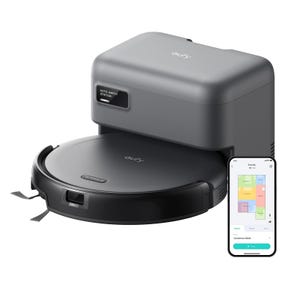 Eufy auto-emptying robot vacuum with a charging and waste disposal station and companion smartphone app for room mapping and cleaning customization.