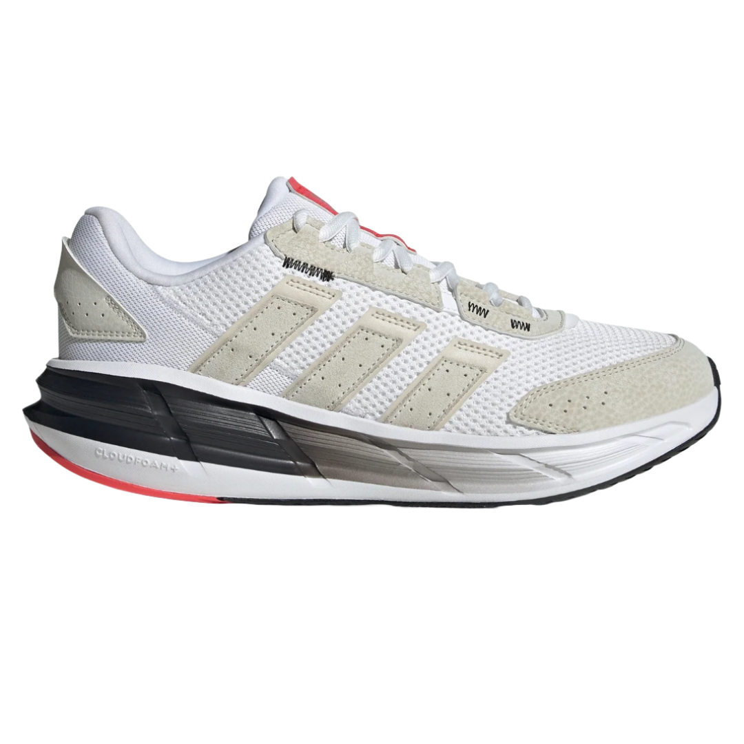 Adidas running shoe featuring a white and beige mesh upper, Cloudfoam cushioning, and a black and pink sole.
