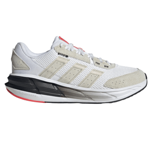 Adidas running shoe featuring a white and beige mesh upper, Cloudfoam cushioning, and a black and pink sole.