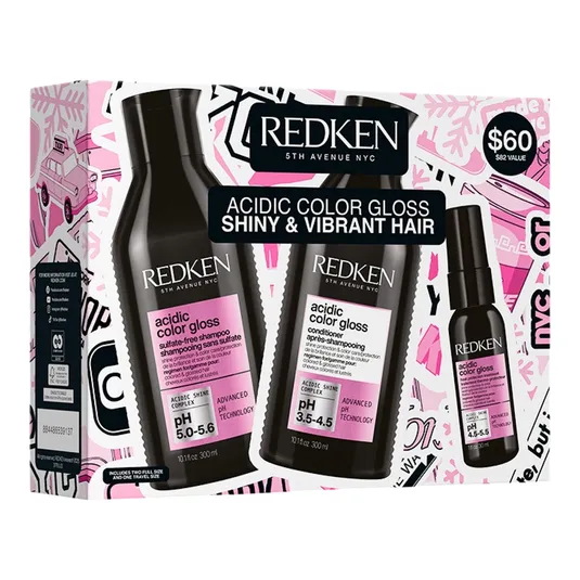 Redken Acidic Color Gloss set for shiny, vibrant hair includes a sulfate-free shampoo (pH 5.0-5.6), conditioner (pH 3.5-4.5), and a travel-size spray (pH 4.5-5.5), valued at $82, priced at $60.