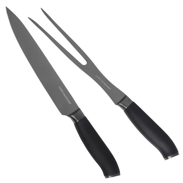 The Cook's Essentials Carving Knife Set features a carving knife with a long, sharp blade and a two-pronged meat fork, both with sleek black handles designed for comfort and control.