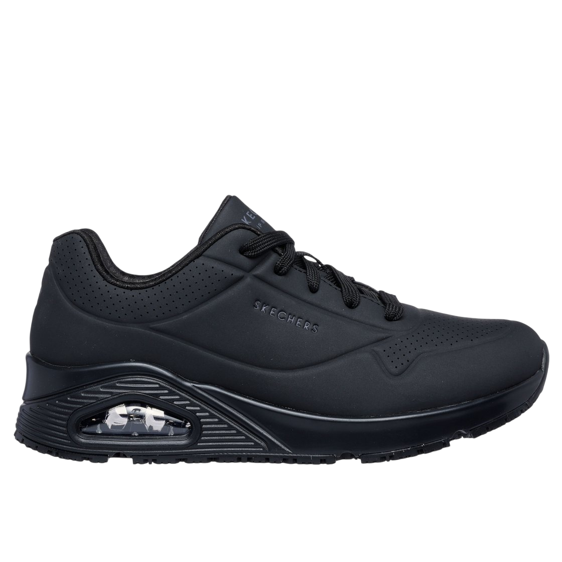 A black Skechers athletic shoe with visible air cushioning in the heel and perforated details for breathability.