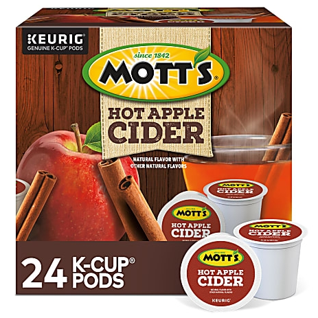 Mott's Hot Apple Cider K-Cup Pods, compatible with Keurig brewers, in a 24-count box, featuring flavors of apple and cinnamon.